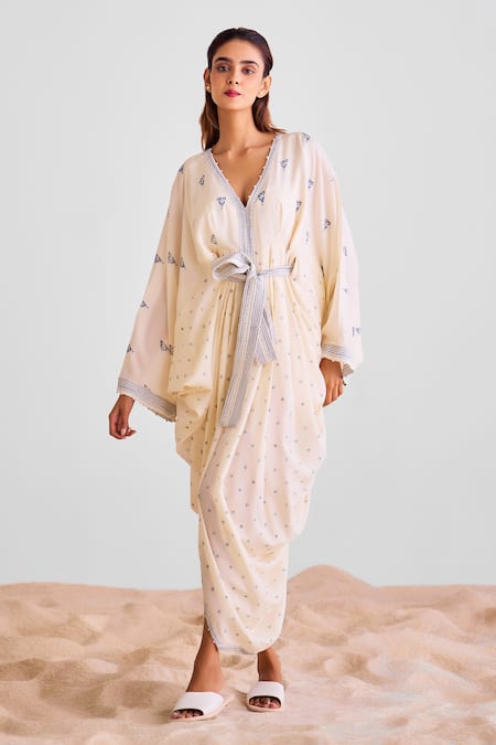 Shop_Cotton And Clay_Off White Modal Embroidery V-neck Floral Print Kaftan Dress With Belt 