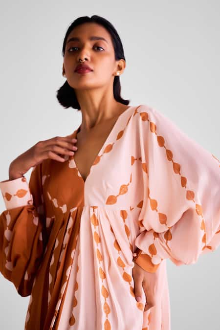 Cotton And Clay_Peach Modal V-neck Leaf Print Pleated Kaftan Dress _Online_at_Aza_Fashions