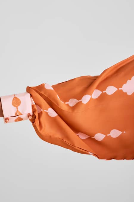 Buy_Cotton And Clay_Peach Modal V-neck Leaf Print Pleated Kaftan Dress _Online_at_Aza_Fashions