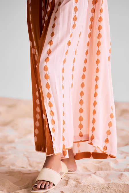 Shop_Cotton And Clay_Peach Modal V-neck Leaf Print Pleated Kaftan Dress _Online_at_Aza_Fashions