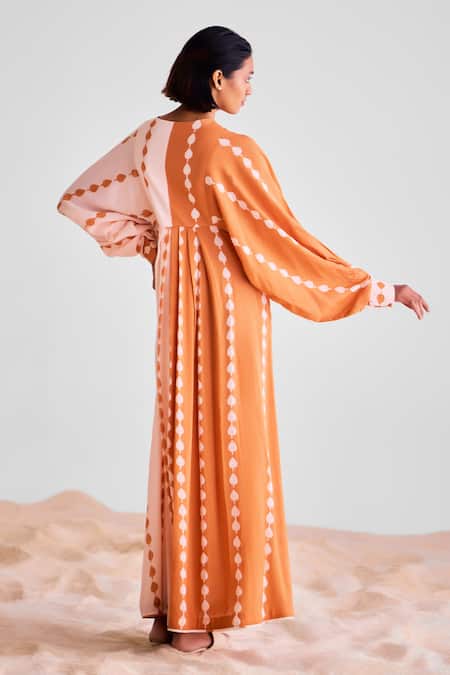 Cotton And Clay Leaf Print Pleated Kaftan Dress 