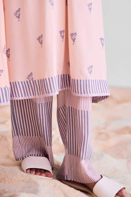 Shop_Cotton And Clay_Peach Modal Embroidery Floral Print A-line Kurta Set _Online_at_Aza_Fashions