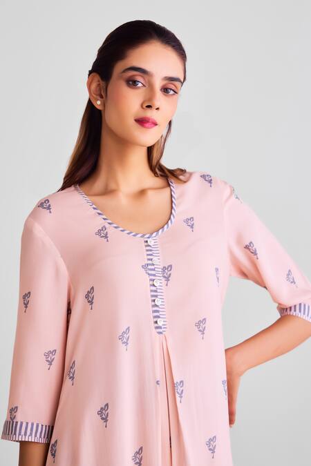 Buy_Cotton And Clay_Peach Modal Embroidery Floral Print A-line Kurta Set 