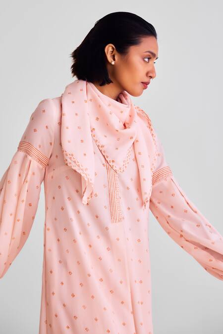 Cotton And Clay_Peach Modal Embroidery Open Neck Geometric Print Kurta Set _Online_at_Aza_Fashions