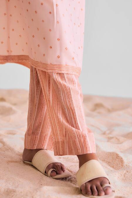 Buy_Cotton And Clay_Peach Modal Embroidery Open Neck Geometric Print Kurta Set _Online_at_Aza_Fashions