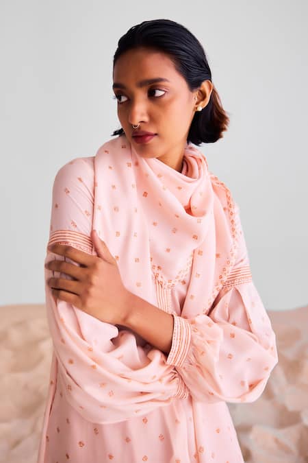 Shop_Cotton And Clay_Peach Modal Embroidery Open Neck Geometric Print Kurta Set _Online_at_Aza_Fashions