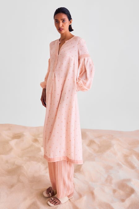 Cotton And Clay_Peach Modal Embroidery Open Neck Geometric Print Kurta Set _at_Aza_Fashions