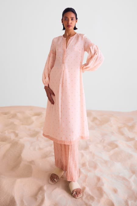 Buy_Cotton And Clay_Peach Modal Embroidery Open Neck Geometric Print Kurta Set 