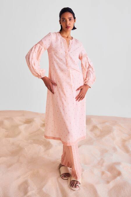 Shop_Cotton And Clay_Peach Modal Embroidery Open Neck Geometric Print Kurta Set 
