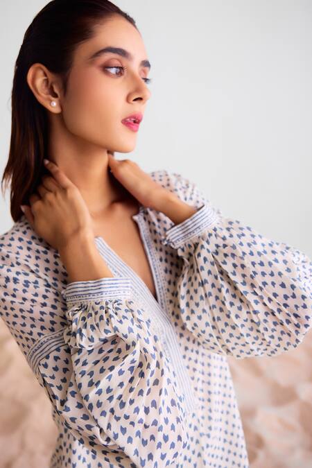 Cotton And Clay_Off White Modal Embroidery Open Neck Floral And Geometric Print Kurta Set _Online_at_Aza_Fashions