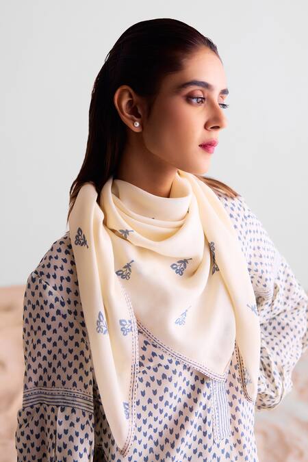 Buy_Cotton And Clay_Off White Modal Embroidery Open Neck Floral And Geometric Print Kurta Set _Online_at_Aza_Fashions