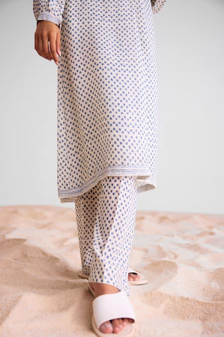 Shop_Cotton And Clay_Off White Modal Embroidery Open Neck Floral And Geometric Print Kurta Set _Online_at_Aza_Fashions