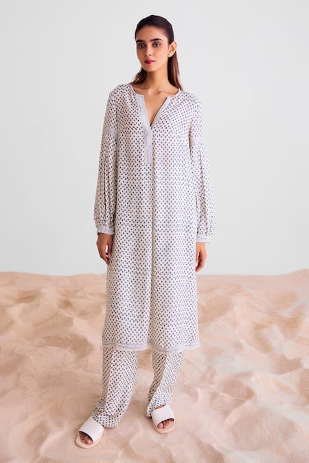 Cotton And Clay_Off White Modal Embroidery Open Neck Floral And Geometric Print Kurta Set _at_Aza_Fashions
