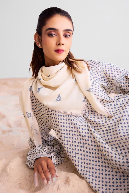 Buy_Cotton And Clay_Off White Modal Embroidery Open Neck Floral And Geometric Print Kurta Set 