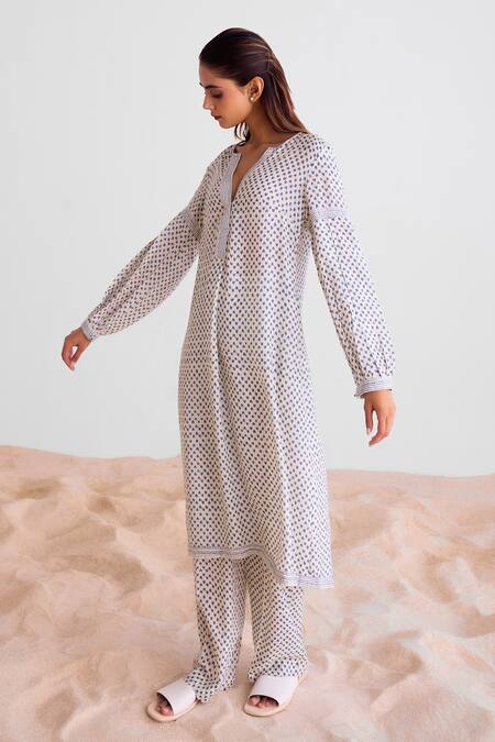 Shop_Cotton And Clay_Off White Modal Embroidery Open Neck Floral And Geometric Print Kurta Set 