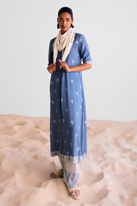 Cotton and Clay Floral Print Kurta Set With Scarf 