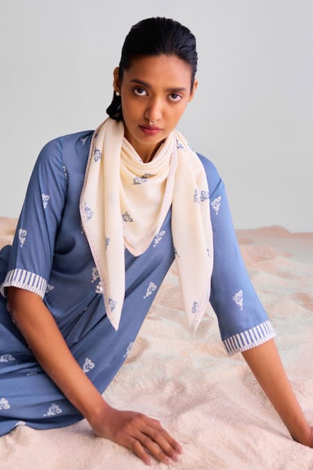 Shop_Cotton And Clay_Blue Modal Embroidery Round Neck Floral Print Kurta Set With Scarf _Online_at_Aza_Fashions
