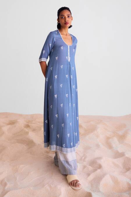 Cotton And Clay_Blue Modal Embroidery Round Neck Floral Print Kurta Set With Scarf _at_Aza_Fashions