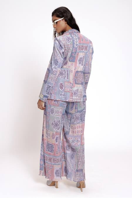 Shop Doh Tak Keh Purple Polyester Crystals, Sequins, Embroidered Printed Single Breasted Blazer at Aza Fashions Shop_Doh Tak Keh_Purple Polyester Crystals, Sequins, Embroidered Printed Single Breasted Blazer_at_Aza_Fashions