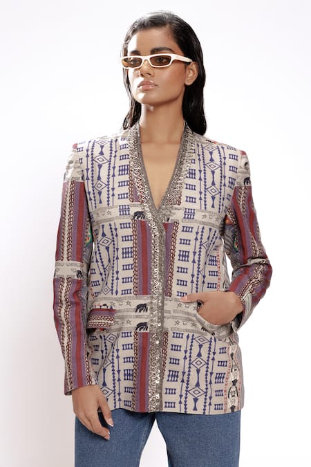 Doh Tak Keh Glass Beadwork Tribal Print Blazer 