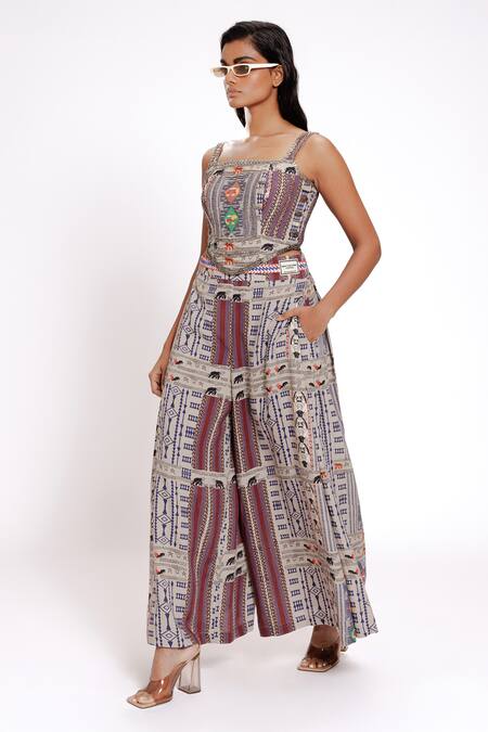 Doh Tak Keh_Gray Rayon Beads, Embroidery Square Neck Geometric Printed Corset_Online_at_Aza_Fashions
