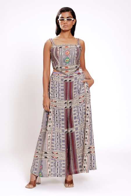 Doh Tak Keh Gray Rayon Beads, Embroidery Square Neck Geometric Printed Corset