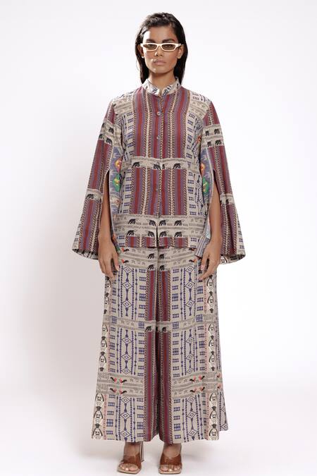 Shop_Doh Tak Keh_Gray Geometric Printed Cape Shirt_Online_at_Aza_Fashions