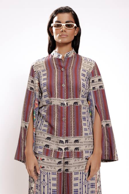Doh Tak Keh_Gray Geometric Printed Cape Shirt_at_Aza_Fashions