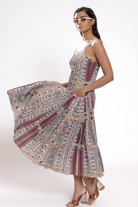 Doh Tak Keh Gray Rayon Square Neck Tribal Geometric Printed Midi Dress Online at Aza Fashions Doh Tak Keh_Gray Rayon Square Neck Tribal Geometric Printed Midi Dress_Online_at_Aza_Fashions