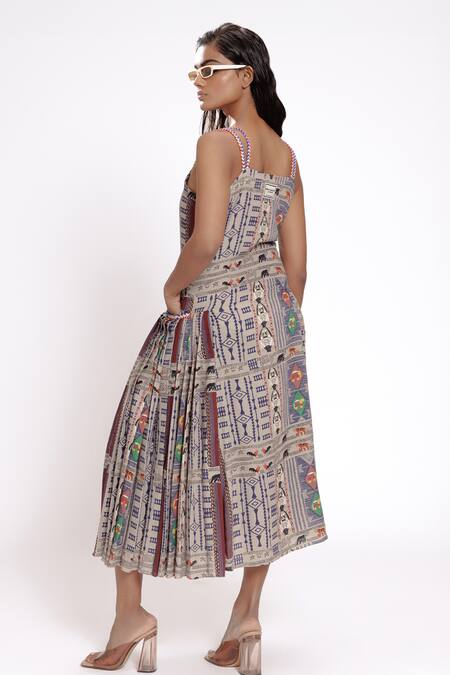 Shop Doh Tak Keh Gray Rayon Square Neck Tribal Geometric Printed Midi Dress at Aza Fashions Shop_Doh Tak Keh_Gray Rayon Square Neck Tribal Geometric Printed Midi Dress_at_Aza_Fashions