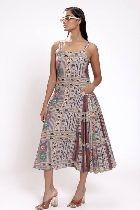 Buy Doh Tak Keh Gray Rayon Square Neck Tribal Geometric Printed Midi Dress Online at Aza Fashions Buy_Doh Tak Keh_Gray Rayon Square Neck Tribal Geometric Printed Midi Dress_Online_at_Aza_Fashions