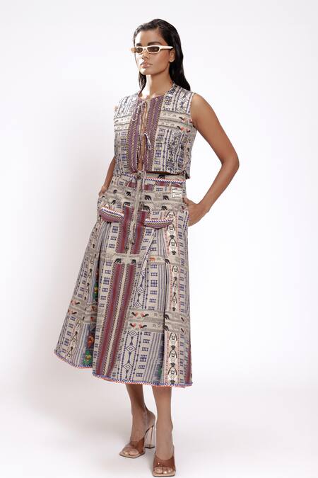 Buy_Doh Tak Keh_Gray Rayon Tribal Geometric Printed Vest_Online_at_Aza_Fashions