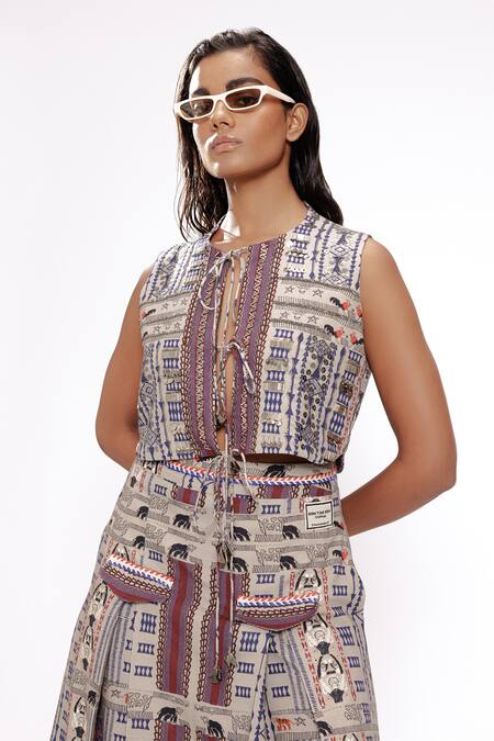 Shop_Doh Tak Keh_Gray Rayon Tribal Geometric Printed Vest_Online_at_Aza_Fashions