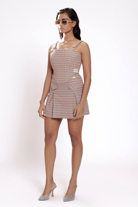 Doh Tak Keh_Pink Cotton Square Neck Checkered Corset Top_Online_at_Aza_Fashions