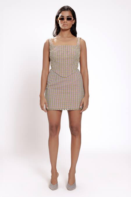 Doh Tak Keh_Pink Cotton Beads, Crystals Square Neck Checkered Corset_Online_at_Aza_Fashions