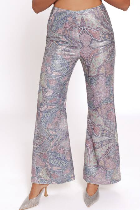 Doh Tak Keh_Purple Georgette Sequins Bell Bottom Pant_Online_at_Aza_Fashions