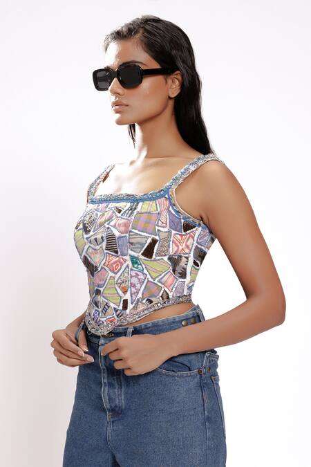 Doh Tak Keh_White Cotton Crystals, Beads Square Neck Embellished Corset_Online_at_Aza_Fashions