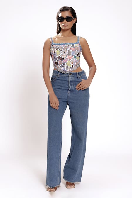 Doh Tak Keh White Cotton Crystals, Beads Square Neck Embellished Corset