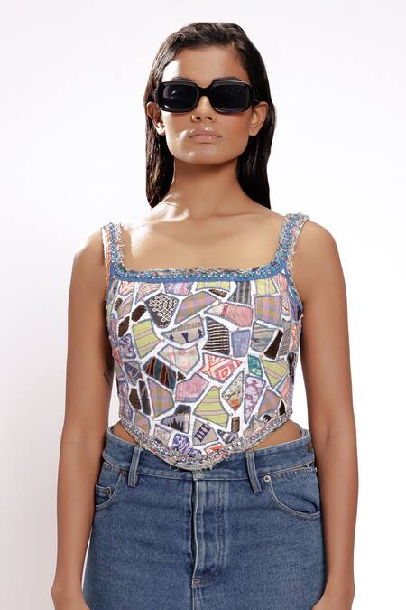 Buy_Doh Tak Keh_White Cotton Crystals, Beads Square Neck Embellished Corset_Online_at_Aza_Fashions