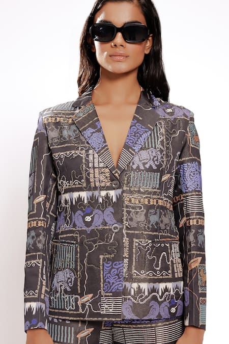 Buy_Doh Tak Keh_Black Satin Beads, Crystals Embellished Blazer _Online_at_Aza_Fashions