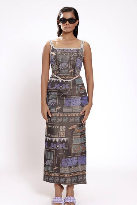 Doh Tak Keh_Black Satin Crystals, Beads Square Neck Abstract Print Corset _Online_at_Aza_Fashions