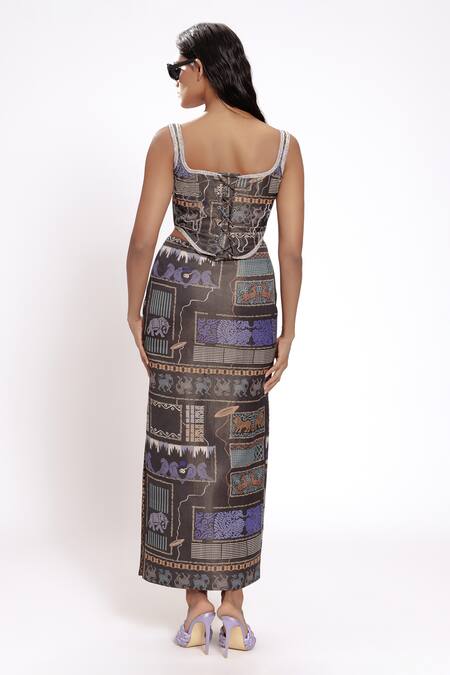 Shop_Doh Tak Keh_Black Satin Crystals, Beads Square Neck Abstract Print Corset _at_Aza_Fashions