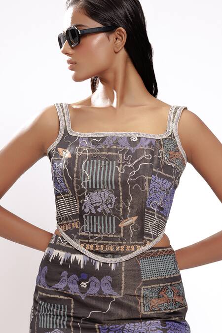 Buy_Doh Tak Keh_Black Satin Crystals, Beads Square Neck Abstract Print Corset _Online_at_Aza_Fashions