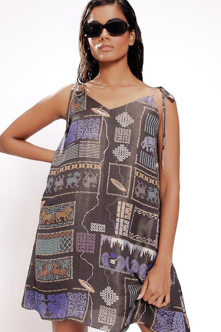 Doh Tak Keh_Black Satin Crystals, Patchwork V-neck Abstract Print Flared Dress _Online_at_Aza_Fashions