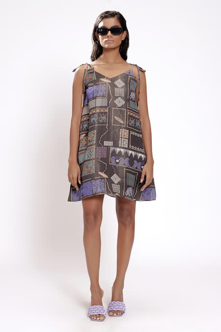 Shop_Doh Tak Keh_Black Satin Crystals, Patchwork V-neck Abstract Print Flared Dress _Online_at_Aza_Fashions