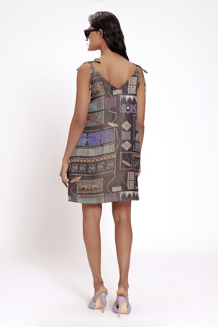 Shop_Doh Tak Keh_Black Satin Crystals, Patchwork V-neck Abstract Print Flared Dress _at_Aza_Fashions