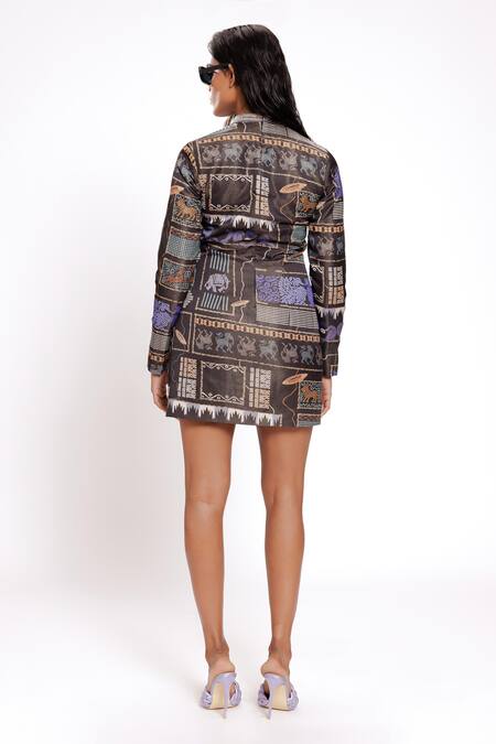 Shop Doh Tak Keh Black Satin Beads, Crystals High Neck Abstract Printed Embellished Dress at Aza Fashions Shop_Doh Tak Keh_Black Satin Beads, Crystals High Neck Abstract Printed Embellished Dress_at_Aza_Fashions