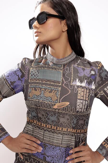 Buy Doh Tak Keh Black Satin Beads, Crystals High Neck Abstract Printed Embellished Dress Online at Aza Fashions Buy_Doh Tak Keh_Black Satin Beads, Crystals High Neck Abstract Printed Embellished Dress_Online_at_Aza_Fashions