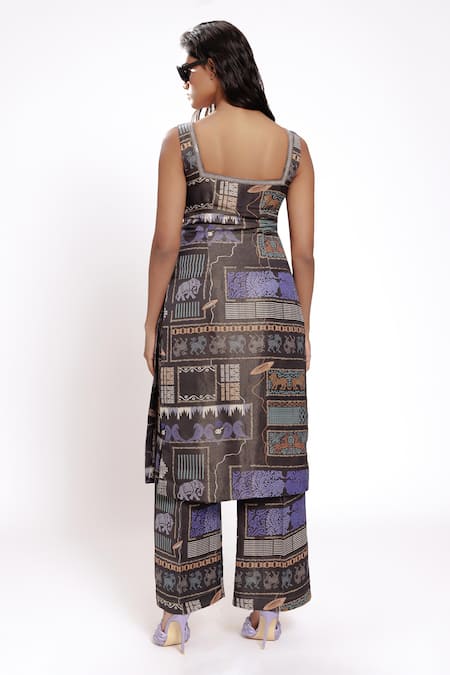 Shop_Doh Tak Keh_Black Satin Beads, Crystals, Patchwork Square Neck Abstract Embellished Kurta _at_Aza_Fashions