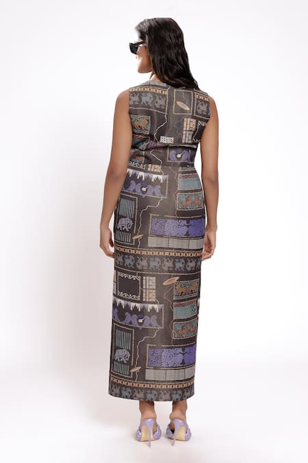 Shop_Doh Tak Keh_Black Satin Abstract Print Pencil Skirt _at_Aza_Fashions